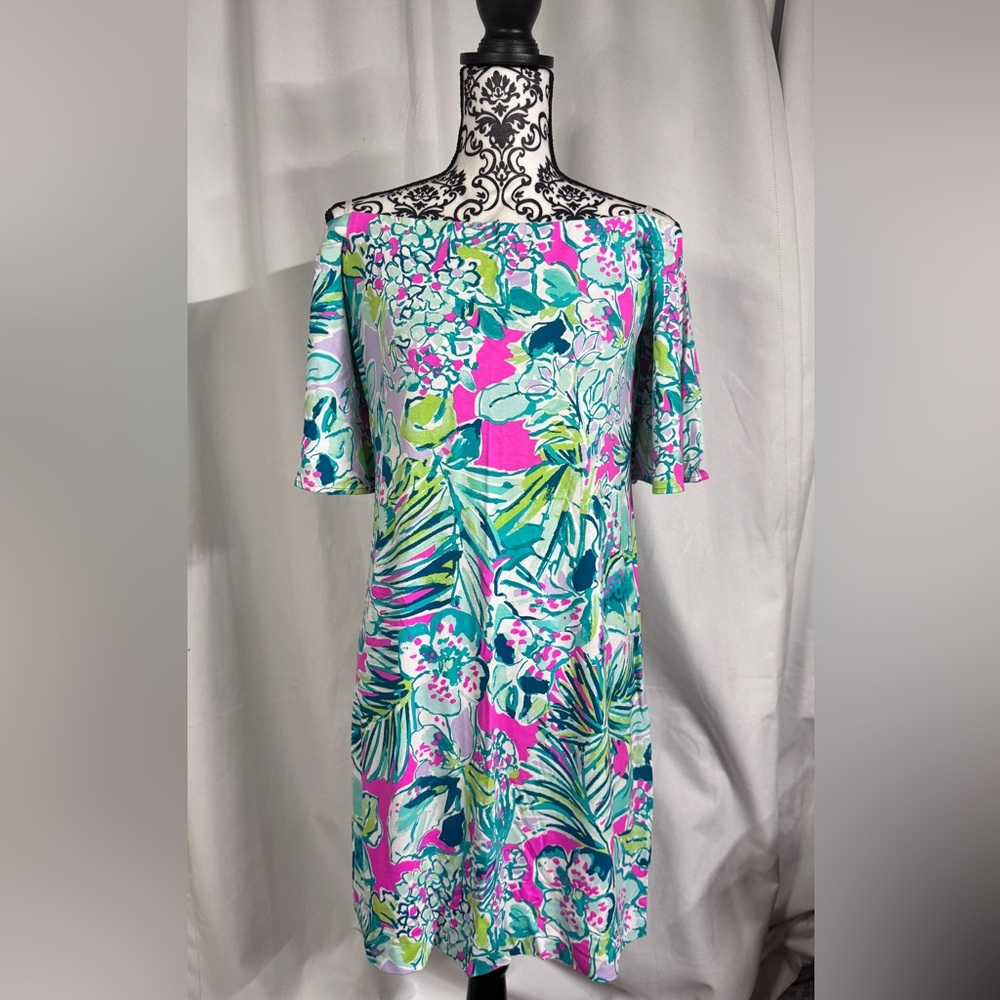 Lilly Pulitzer Off-Shoulder Floral Midi Dress in Pink and Green